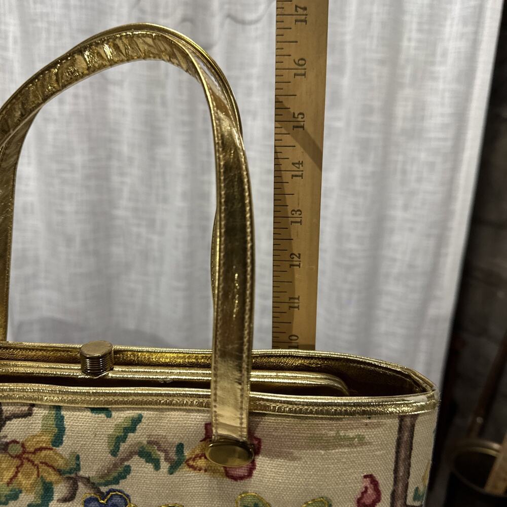 Women’s Vintage Delil Creation Floral Embroidered Tote Bag Gold Double Handles